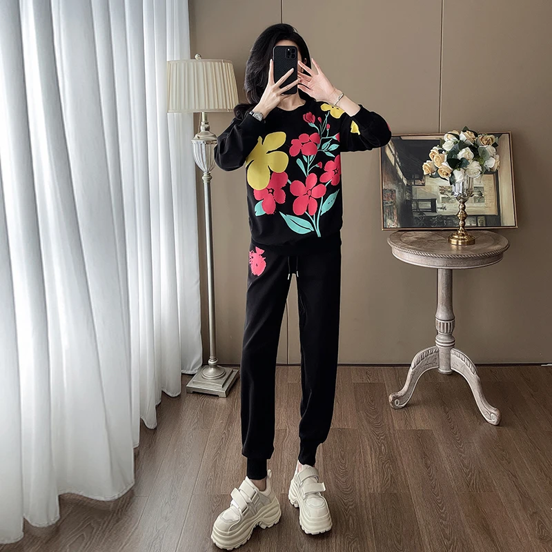 黑色运动休闲套装女网红炸街时尚新款春季印花卫衣卫裤显瘦两件套