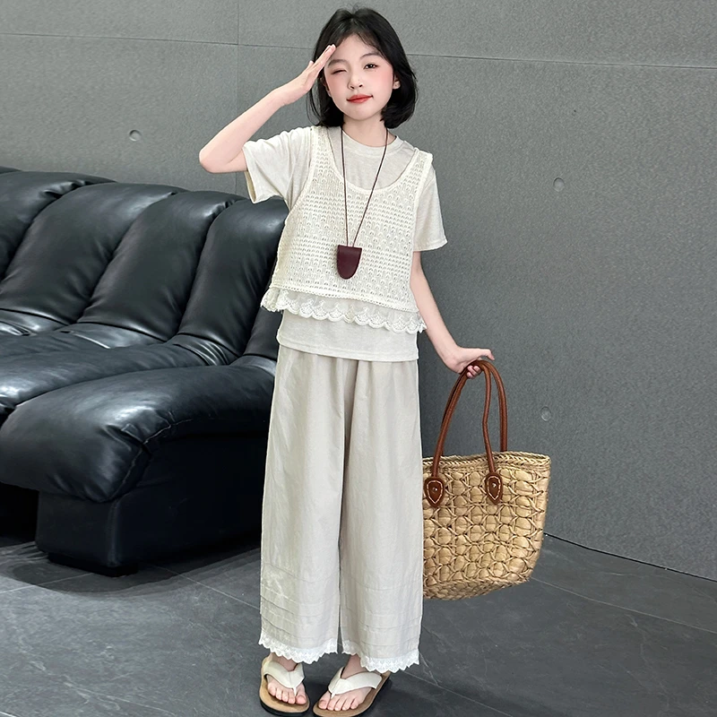 女童高级套装2025夏季新款儿童洋气时髦蕾丝花边短袖阔腿裤三件套