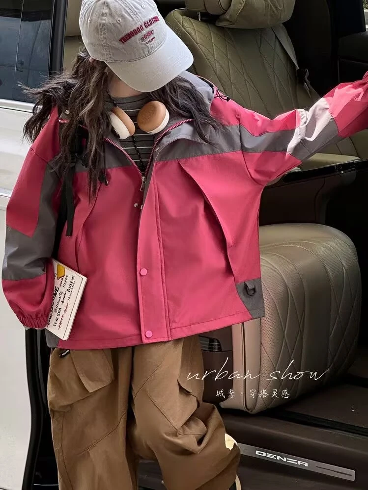 胖女童秋季休闲外套宽松学生甩帽风衣