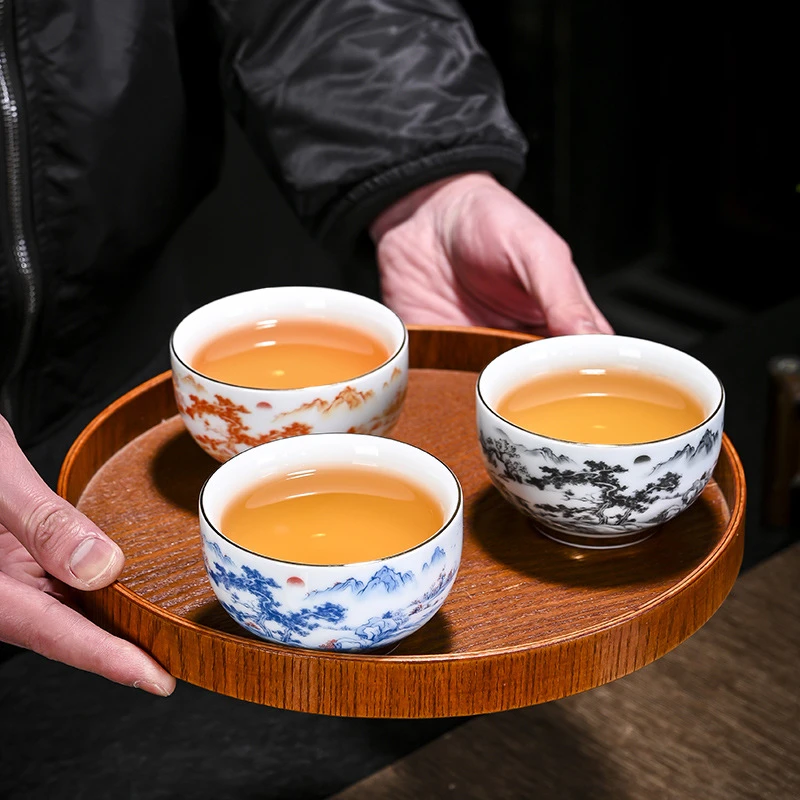 千里江山大号加厚描金主人杯羊脂玉茶杯品茗杯个人功夫茶具喝茶杯