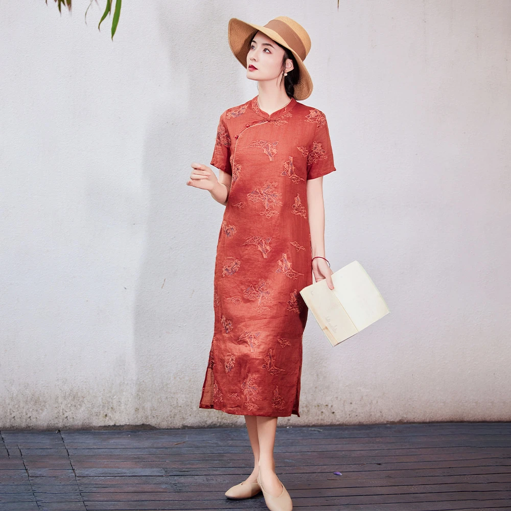 25夏季新款中式原创高端苎麻重工刺绣改良旗袍立领盘扣国风连衣裙