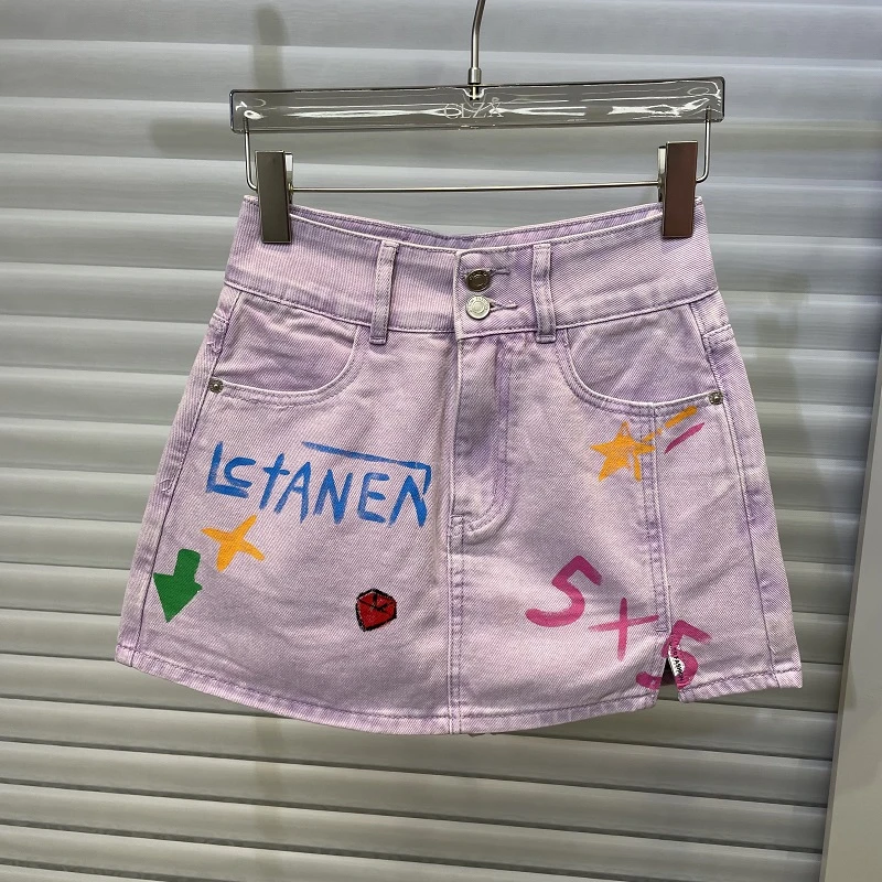 夏季新款显瘦高腰牛仔短裙复古白色字母刺绣包臀半身裙女