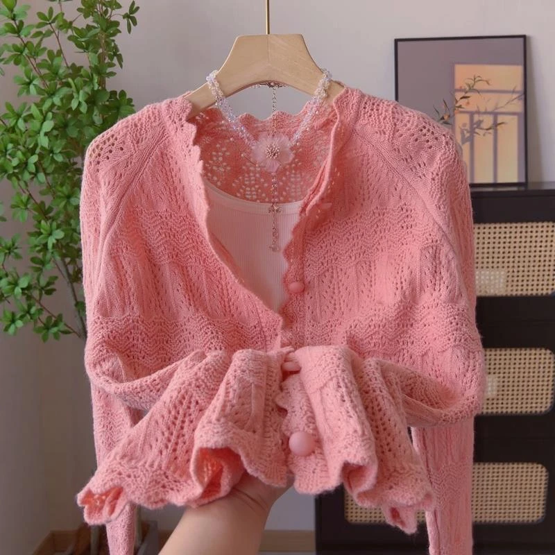 2025春秋季新款女士粉色洋气减龄镂空针织开衫设计感显瘦时髦外套