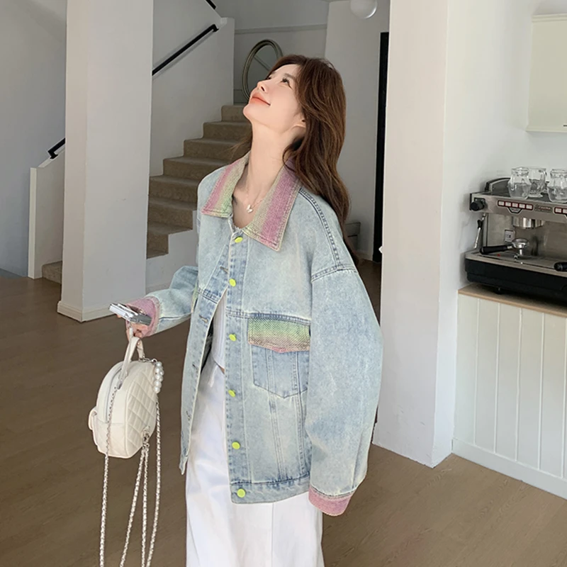 小个子牛仔夹克上衣宽松短款休闲彩色翻领外套女2025早春款小个子