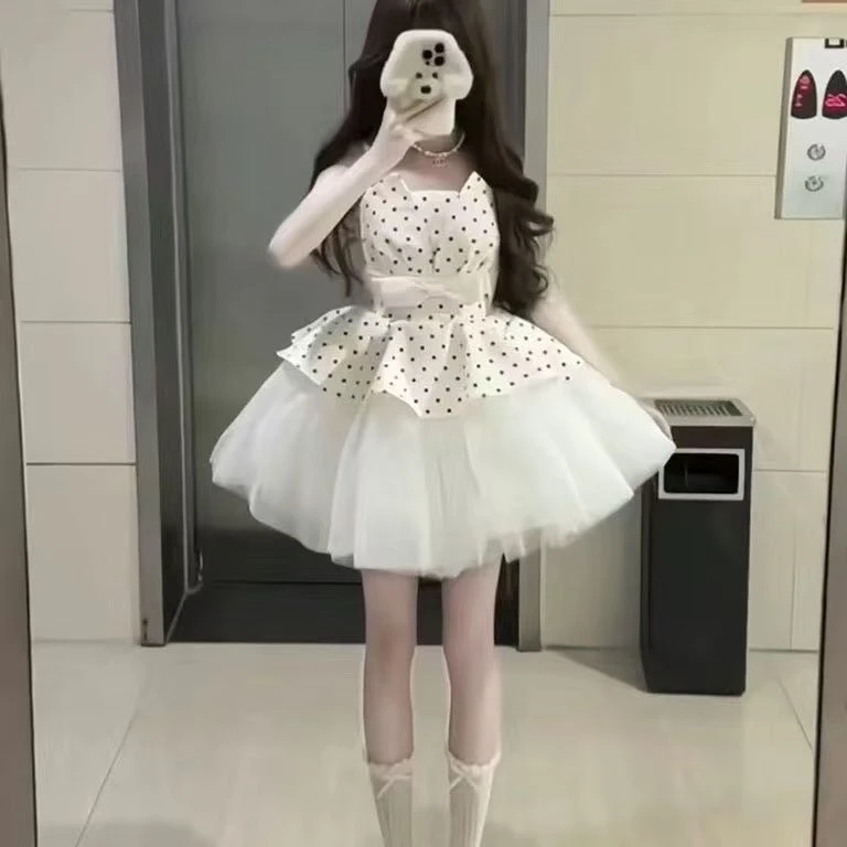 2025爆款法式波点拼接网纱连衣裙女夏季芭蕾风收腰蓬蓬公主短裙子