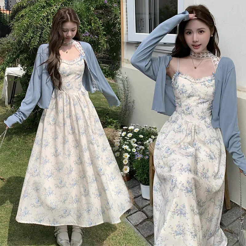 大码胖mm碎花吊带连衣裙女夏季甜美气质显瘦长裙子防晒开衫套装女