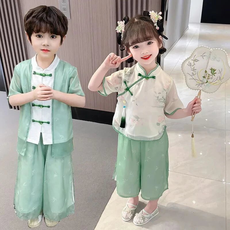 儿童新中式表演汉服女童夏装古风汉元素唐装幼儿园国学演出服套装