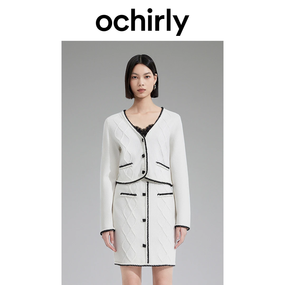ochirly欧时力 肌理感小香风针织外套撞色几何纹开