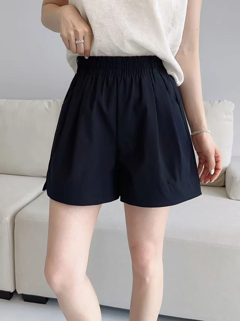 松紧腰运动夏季短裤冰丝阔腿运动短裤女士高腰黑色显瘦