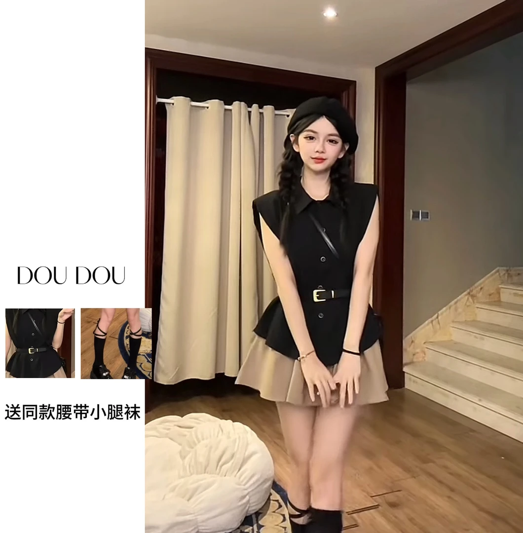 【新款简约衬衫口袋短裙套装】时尚夏季显瘦百搭复古设计师