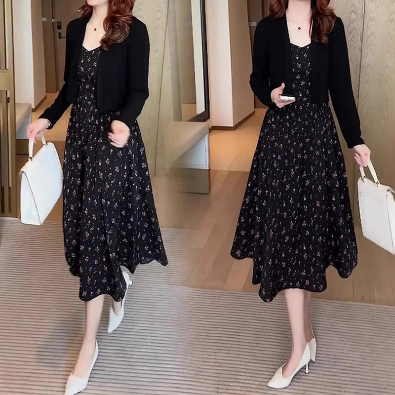 拉夏贝尔法式碎花连衣裙时尚套装春秋新款针织开衫吊带裙两件套