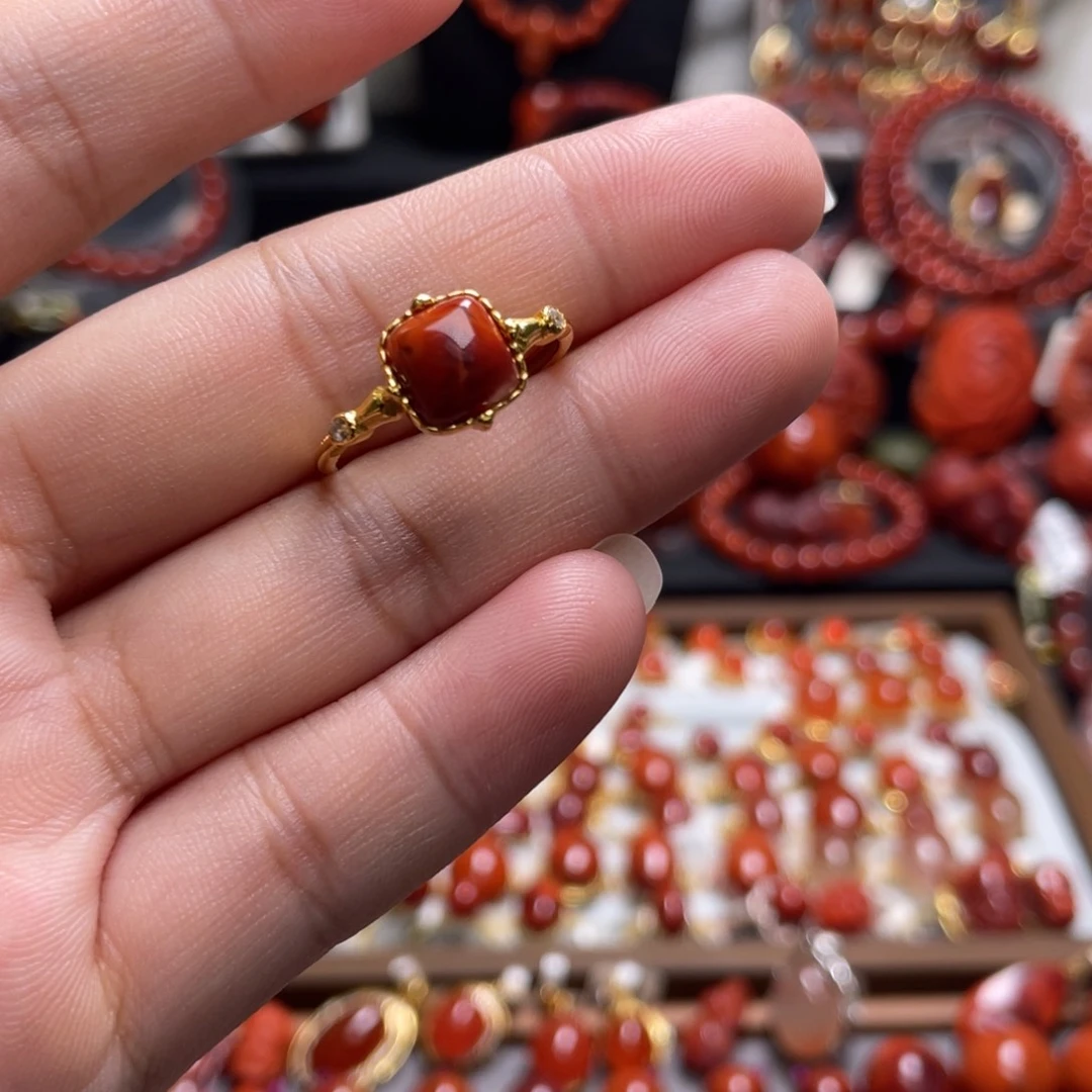 南红玛瑙银S925镶嵌方糖戒指