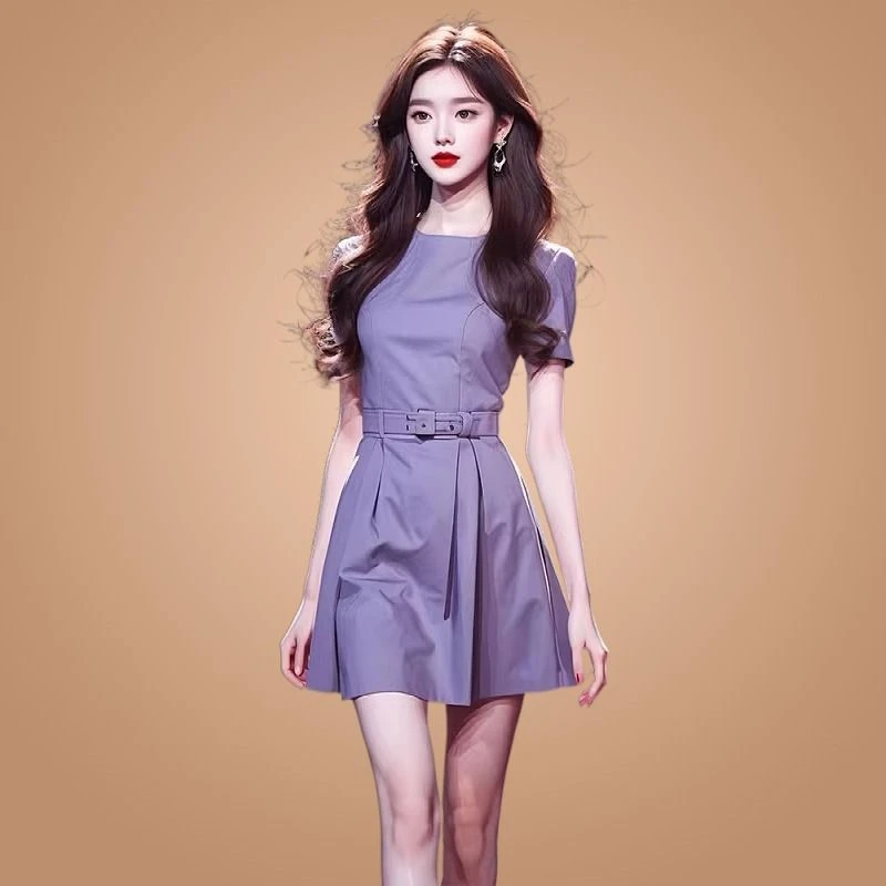 法式气质名媛女神范高级感今年流行漂亮紫色短袖连衣裙子女夏季款