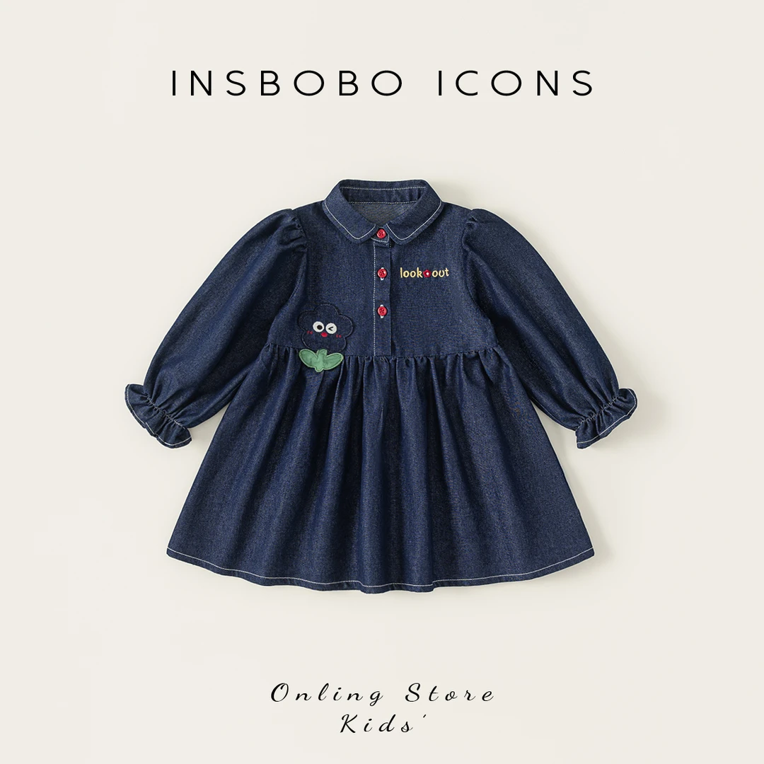 INSbobo女童牛仔裙衬衣领花边袖可爱花朵装饰牛仔连衣裙潮QQ25031