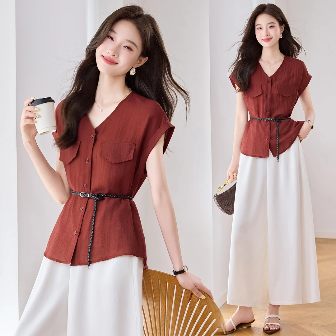 短袖夏季常规系带纯色插肩袖衬衫气质休闲小衫显瘦显瘦气质衬衣
