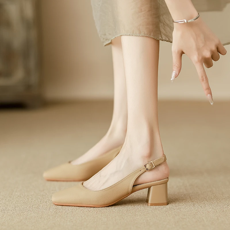 法式真皮包头凉鞋女夏季新款温柔玛丽珍鞋后空单鞋配旗袍中高跟鞋