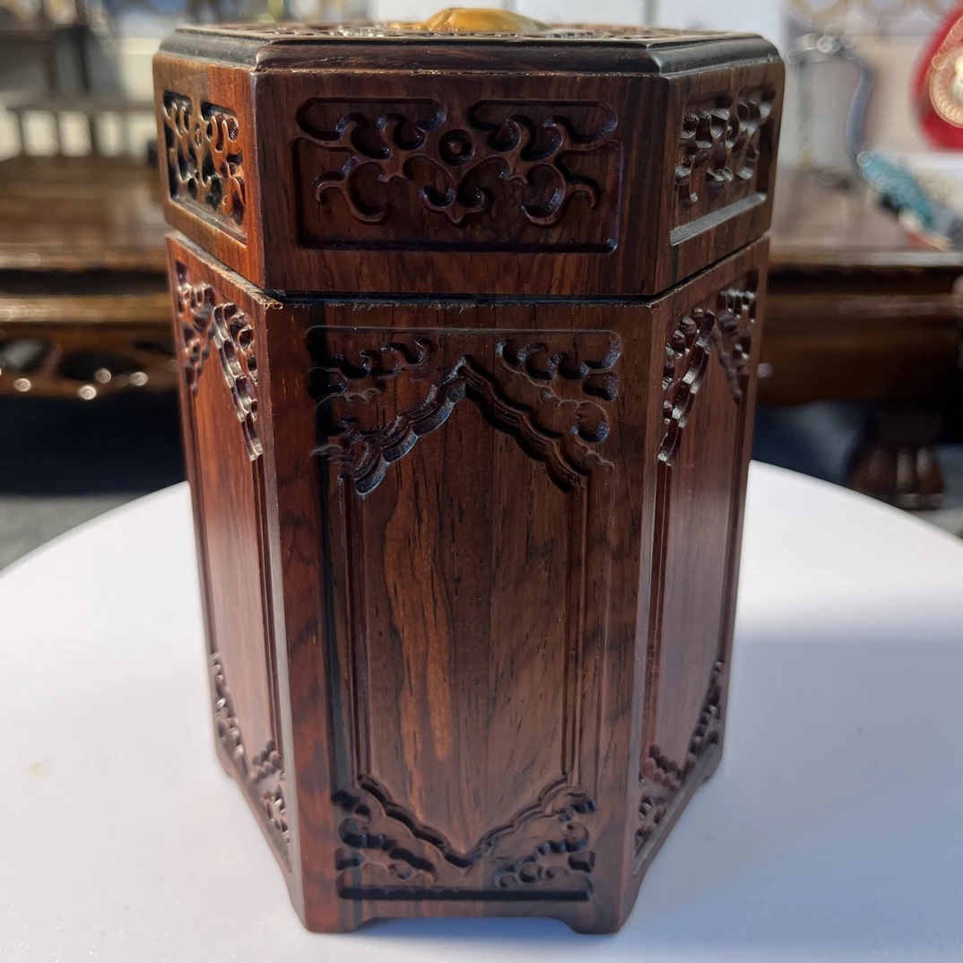 【家居摆件】红木茶叶罐精雕图案六角造型/茶室客厅桌面摆件