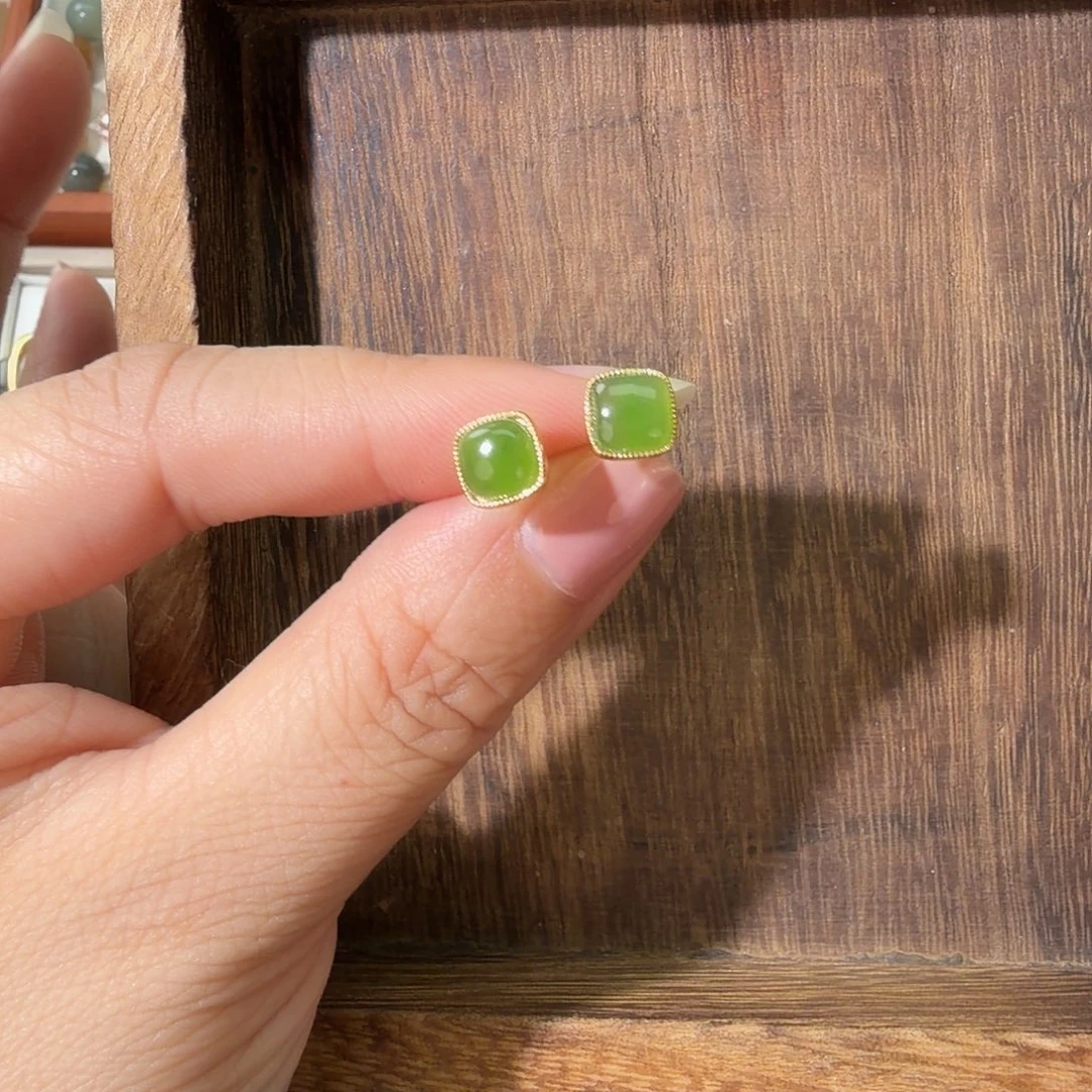 和田玉（碧玉）银S925镀金镶嵌耳饰