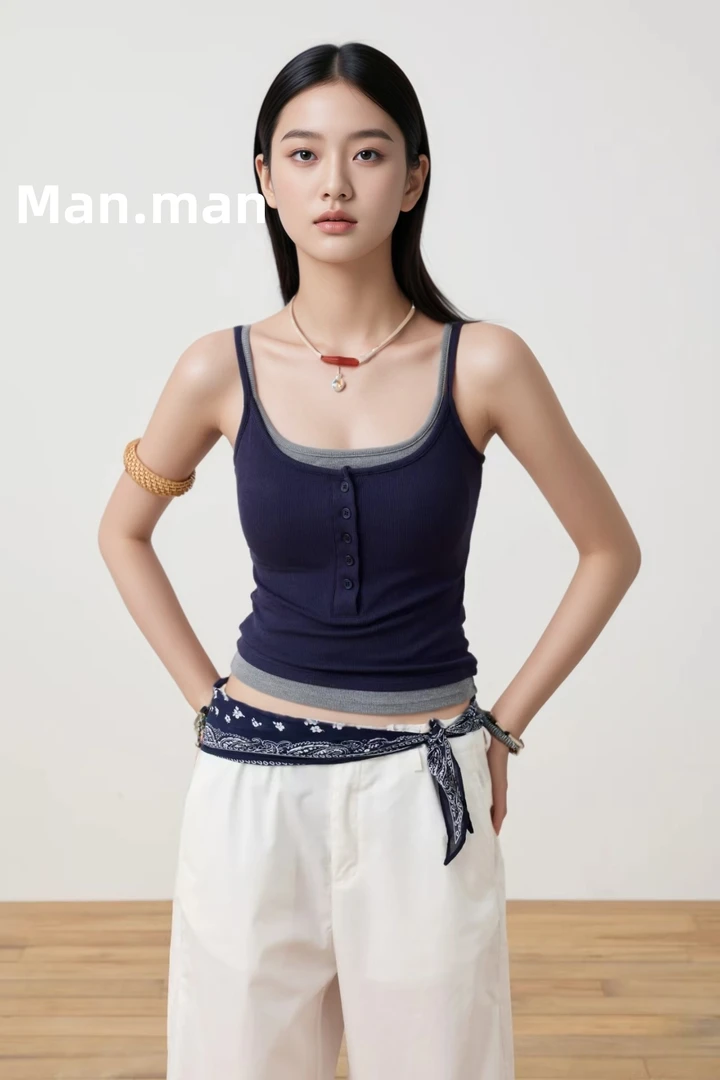 满满~撞色纽扣带杯吊带背心女修身显瘦双肩假两件打底1073