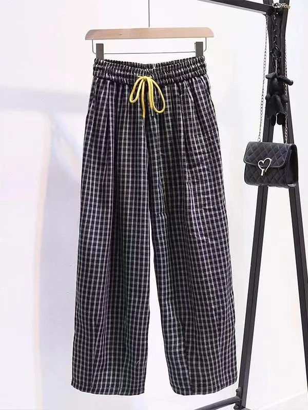 【肉总】格子松紧腰撞色阔腿休闲裤2528
