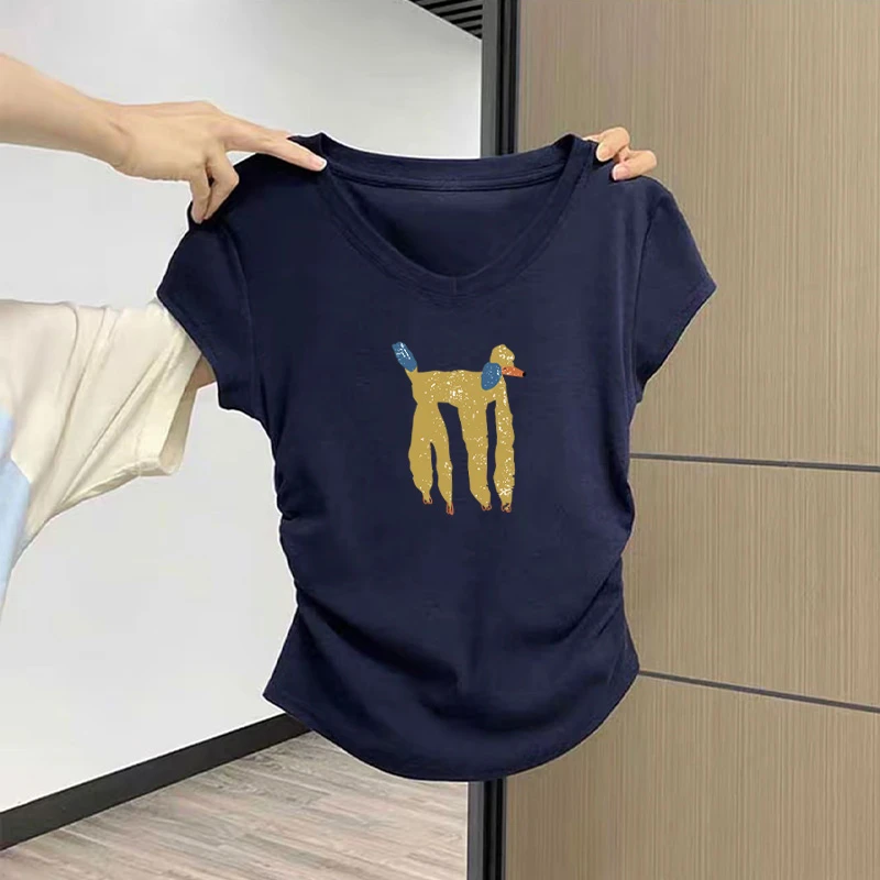 正肩v领纯棉短袖t恤女2025新款设计感小众侧边收腰藏青色上衣夏季