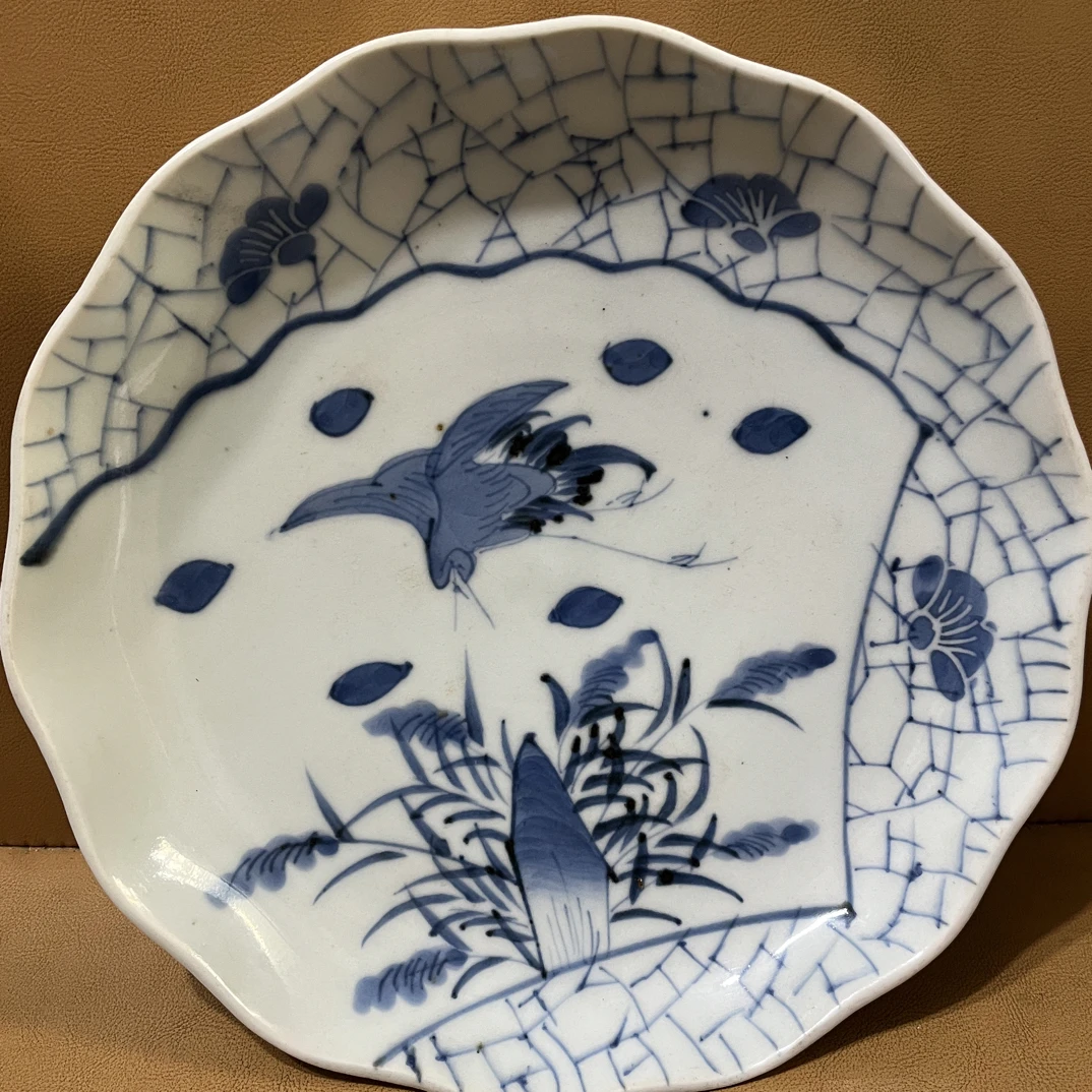 舶来精美老底青花手绘仙鹤盘（22*6cm)年代痕迹介意勿拍陶瓷