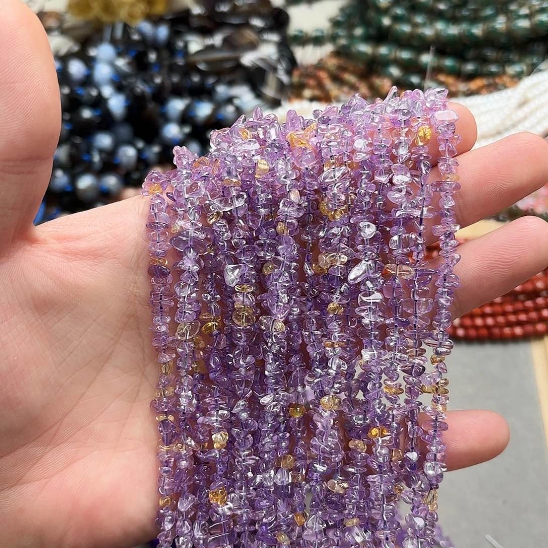 玛瑙/玉髓未镶嵌珠宝半成品4-6紫黄晶碎石一条75-80