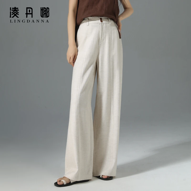 高档天丝亚麻阔腿裤女2025夏薄款高腰垂感休闲直筒裤透气冰丝裤子