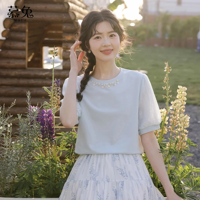 慕兔韩系小清新蓝色短袖t恤女2025夏季新款设计感小众小个子上衣