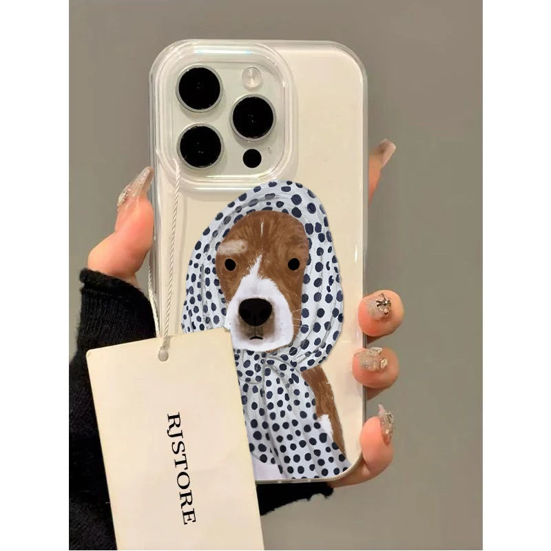 黑波点围巾小狗适用苹果16Pro大孔15手机壳14卡通13套12少女11新