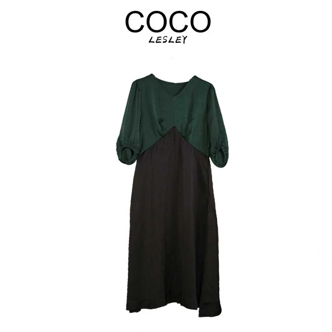 【COCO LESELY】桑蚕丝 气质显瘦时尚裙连衣服 034拼接绿