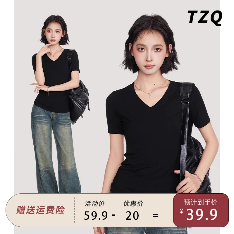 黑色v领正肩短袖t恤女夏季短款修身半袖内搭打底上衣潮TZQ2541114