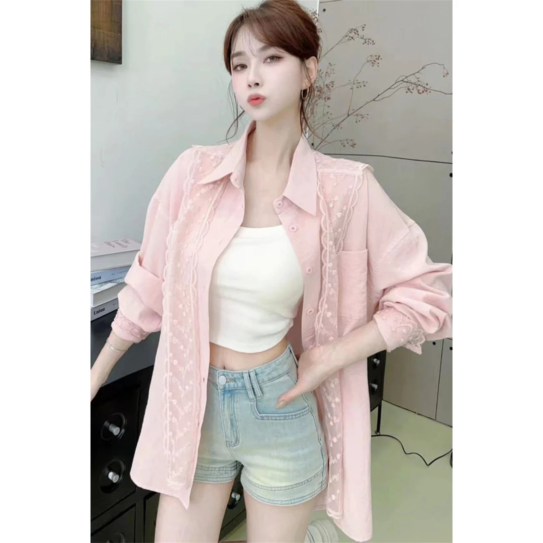 蕾丝披肩衬衣两件套纯色长袖打底衫2025春夏新款女气质百搭上衣女