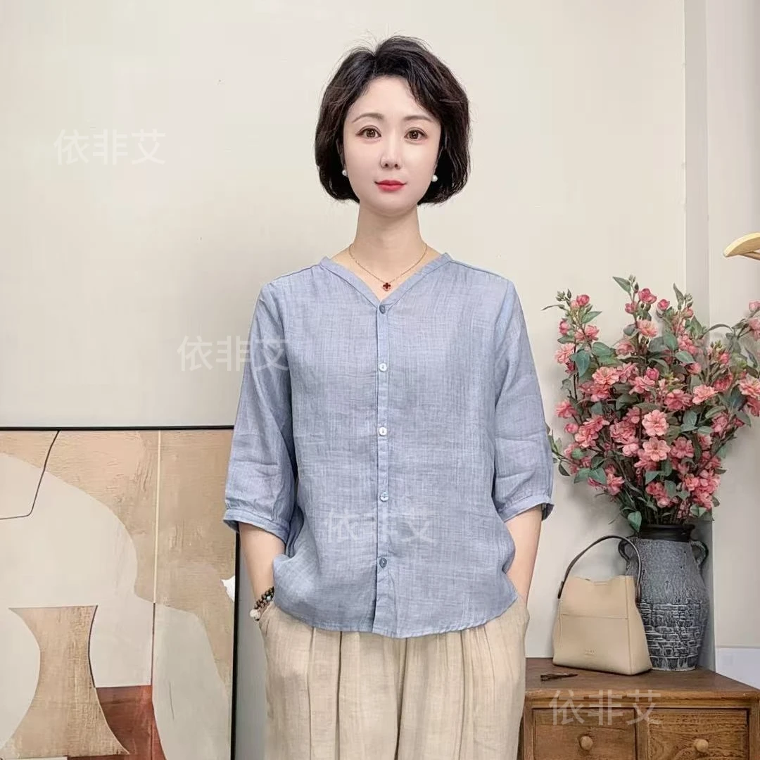 高端洋气苎麻V领衬衫女士夏装薄款宽松遮肚子棉麻七分袖上衣