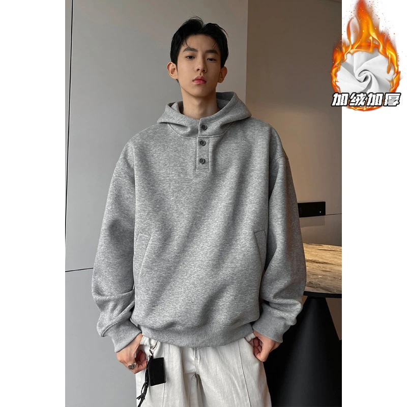 纯色简约男士复古冬季保暖加绒加厚港风日常宽松百搭休闲连帽卫衣