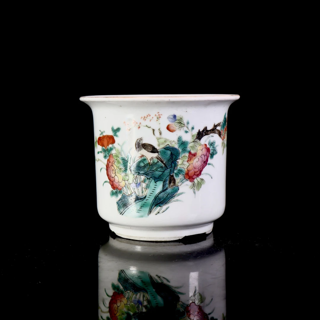 24.清末洞石牡丹花鸟花盆