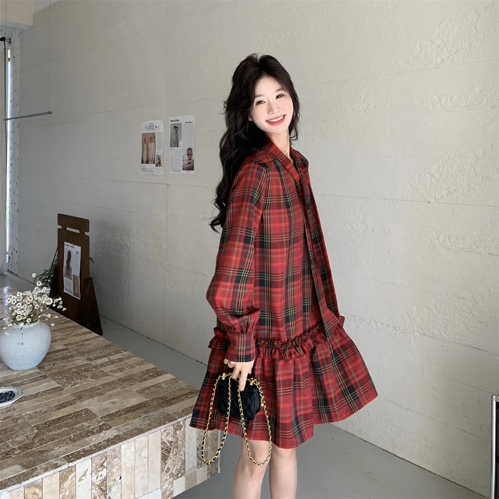 复古红色格纹连衣裙女春秋2025新款小个子气质减龄学院风独特漂亮