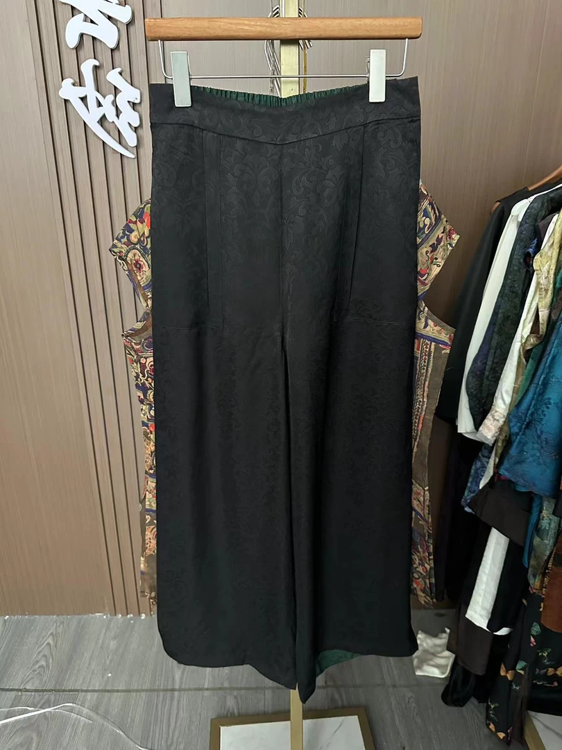 【甜蜜觅】桑蚕丝阔腿裤女提花新款双面双穿高腰长裤直筒裤女047