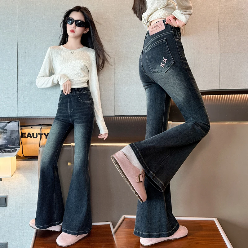 女童裤子牛仔喇叭裤春秋装新款中大童韩版修身微喇裤秋季弹力裤潮