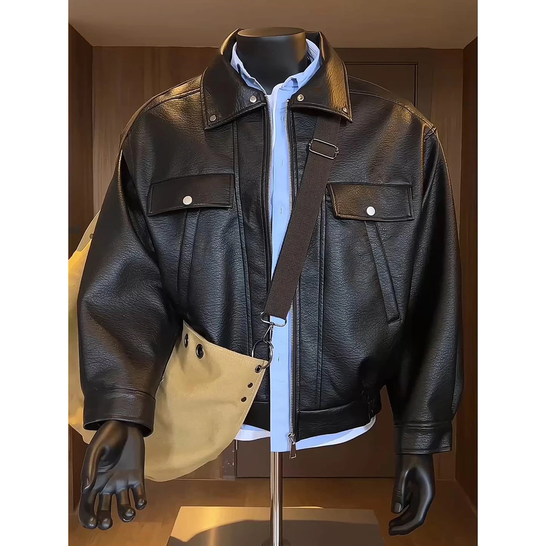 黑色短款PU皮衣外套男秋季美式高街哈灵顿夹克cleanfit工装棒球服