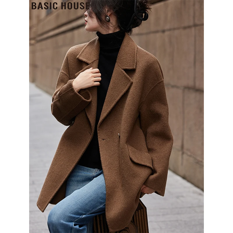 Basic House/百家好咖色毛呢外套中长款双面绵羊毛大衣女2025秋冬
