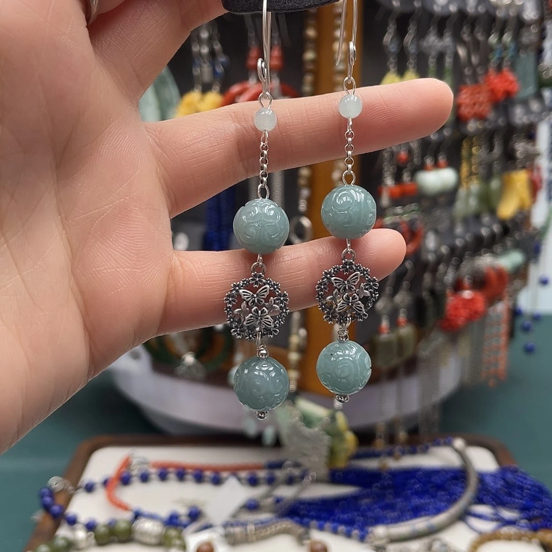 翡翠耳饰银S925镶嵌顶**侈饰品