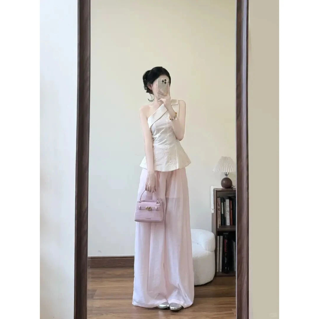 千金贵气名媛风女装斜肩斜肩背心无袖上衣宽松显瘦薄款微透阔腿裤