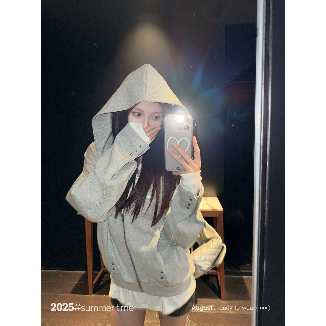 SUNONEONE 铆钉宽松连帽卫衣外套女早秋季新款美式开衫上衣H1286C