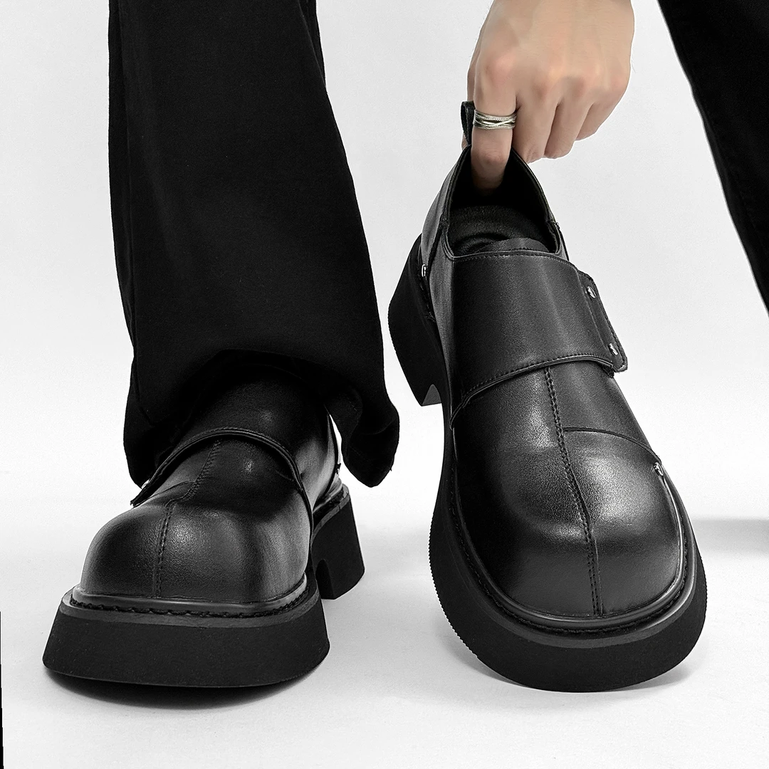 高级感厚底男士德比鞋一脚蹬大头增高乐福鞋英伦风魔术贴休闲皮鞋