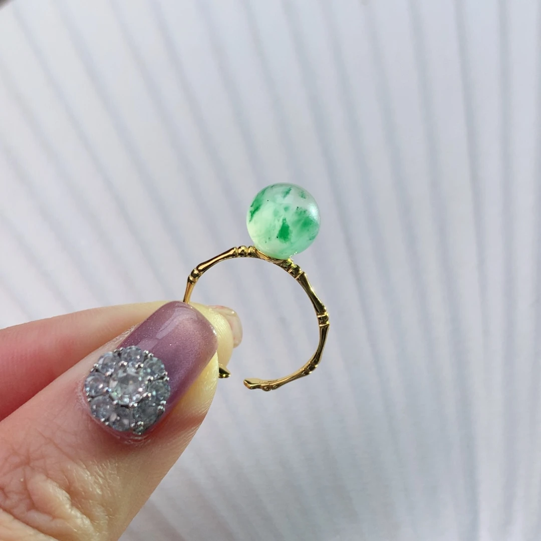 石英质玉冰飘花精品戒指银S925镀金镶嵌