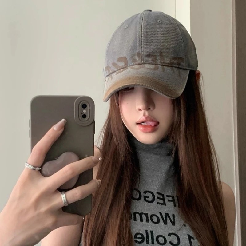 美式复古字母灰色棒球帽女宽帽檐防晒显脸小鸭舌帽大头围百搭帽子