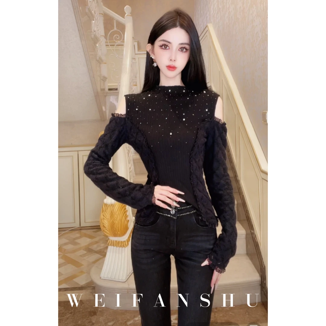 WEIFANSHU/魏凡舒【路过月光】秋冬新款设计感露肩显瘦百搭针织上衣