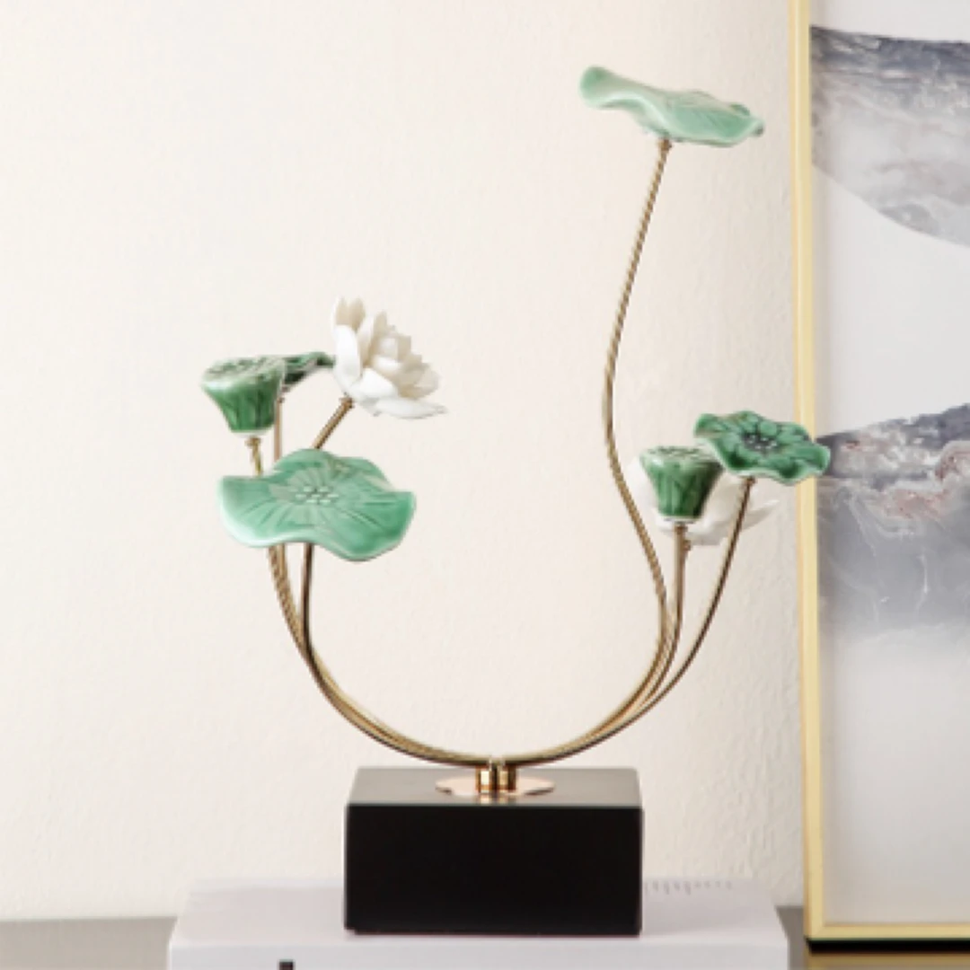 轻奢工艺品陶瓷荷花莲花摆件客厅玄关电视柜家居装饰品