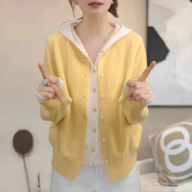 韩系撞色连帽拼接假两件针织开衫女2025春秋新款休闲时尚百搭上衣